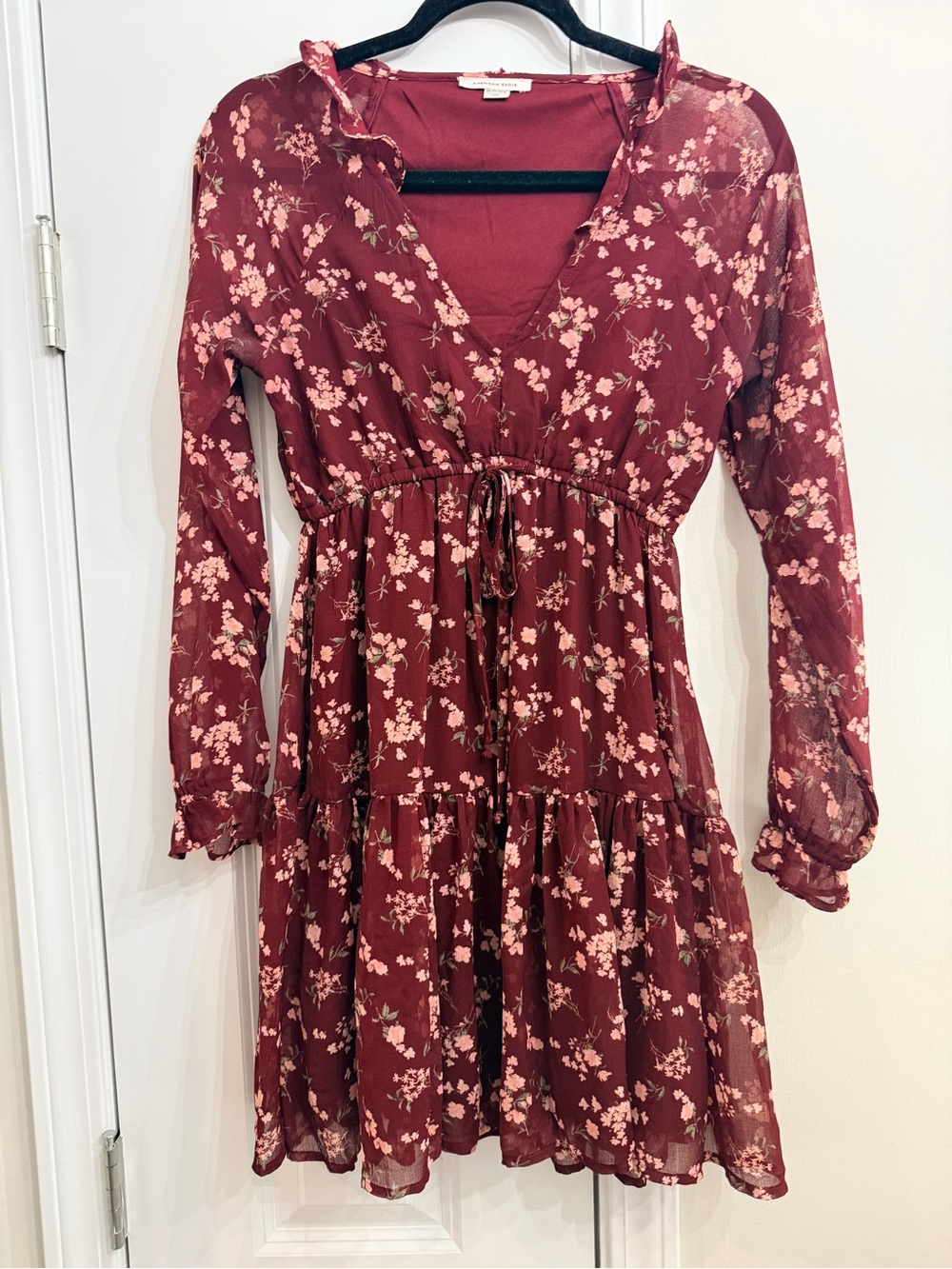 American Eagle Women’s Burgundy Floral Tie-Waist Dress